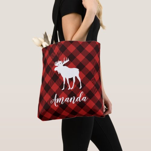 Moose and Buffalo Red Plaid Pattern Christmas Tote Bag