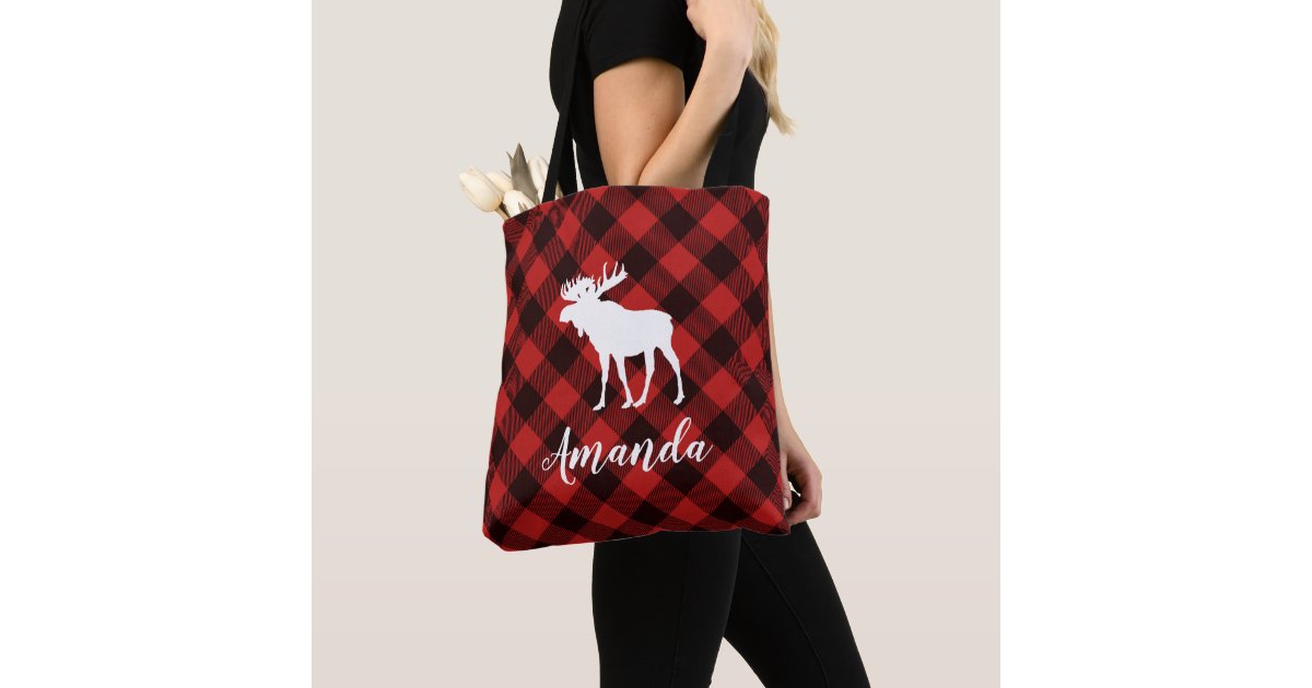Moose and Buffalo Red Plaid Pattern Christmas Tote Bag | Zazzle