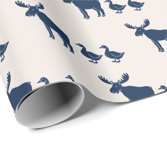 Moose and Ducks Pattern Navy Blue Wrapping Paper (Roll Corner)