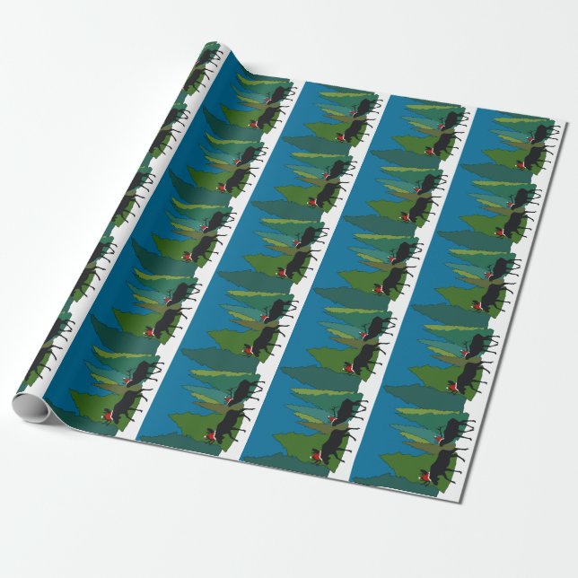 Moose and Elk in Santa Hats Wrapping Paper (Unrolled)