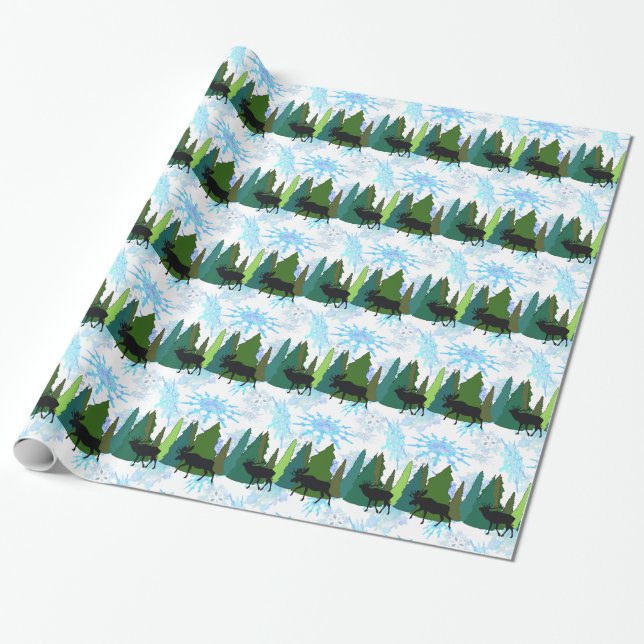 Moose and Elk Walk in the Woods Wrapping Paper (Unrolled)