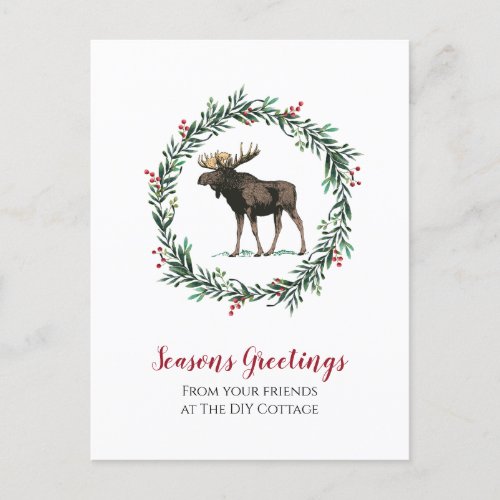 Moose And Holly Wreath Business Holiday Postcard