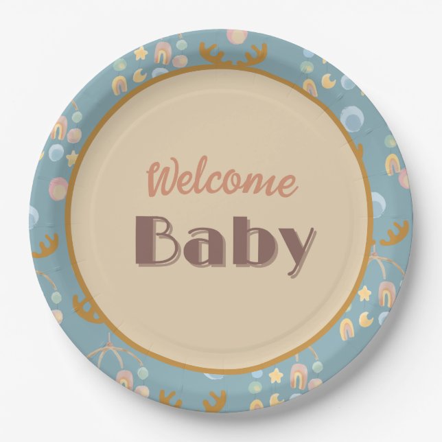 Moose and Mobile 9" round baby shower paper plates (Front)