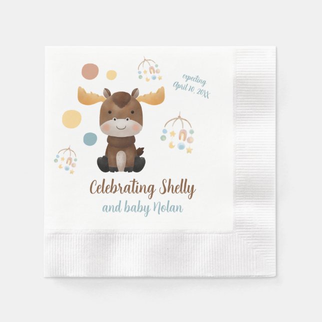 Moose and Mobile baby shower cocktail napkins (Front)