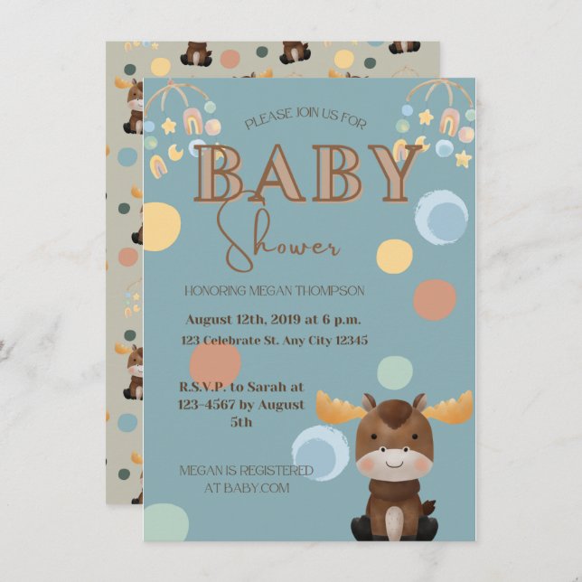 Moose and Mobile baby shower invitations (Front/Back)
