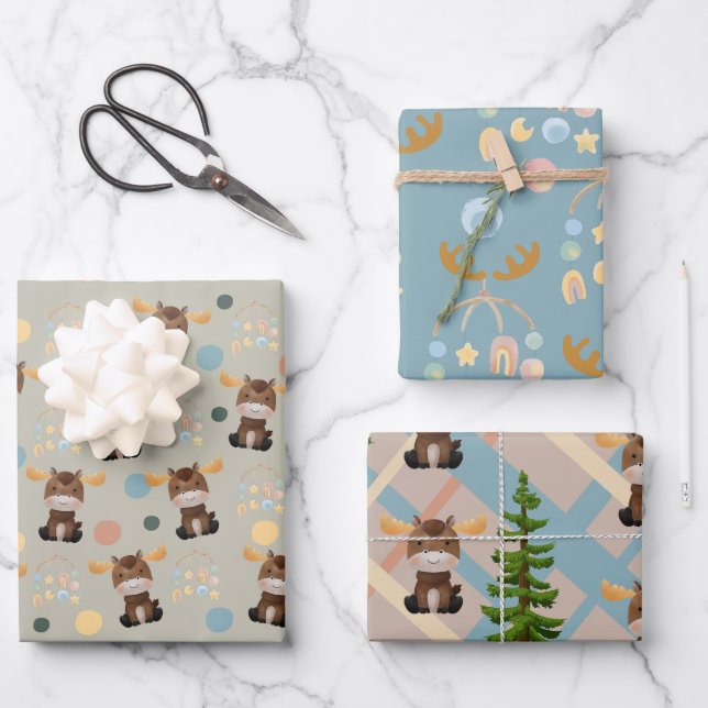 Moose and Mobile baby shower wrapping paper sheets (Front)