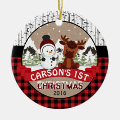 Moose And Snowman Child 1st Christmas Personalized Ceramic Ornament at Zazzle