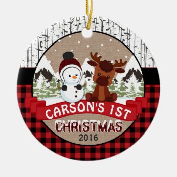 Moose And Snowman Child 1st Christmas Personalized Ceramic Ornament by TiffsSweetDesigns at Zazzle