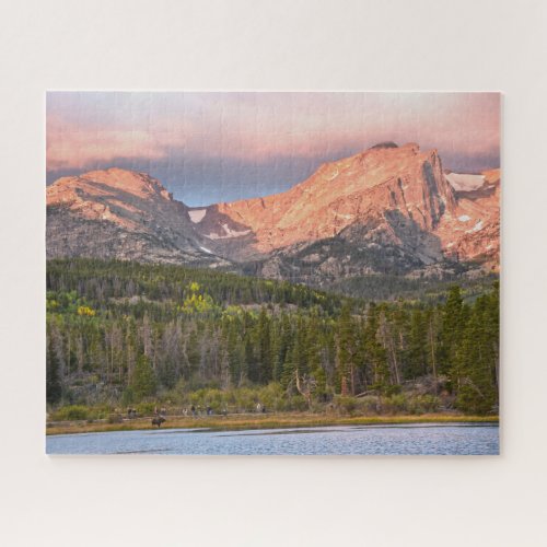 Moose and Tourists at Sprague Lake Colorado Jigsaw Puzzle