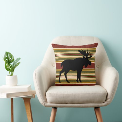 Moose Animal Silhouette On Stripes Art Pattern Throw Pillow