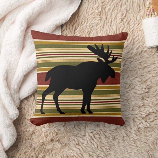 Moose Animal Silhouette On Stripes Art Pattern Throw Pillow (Blanket)