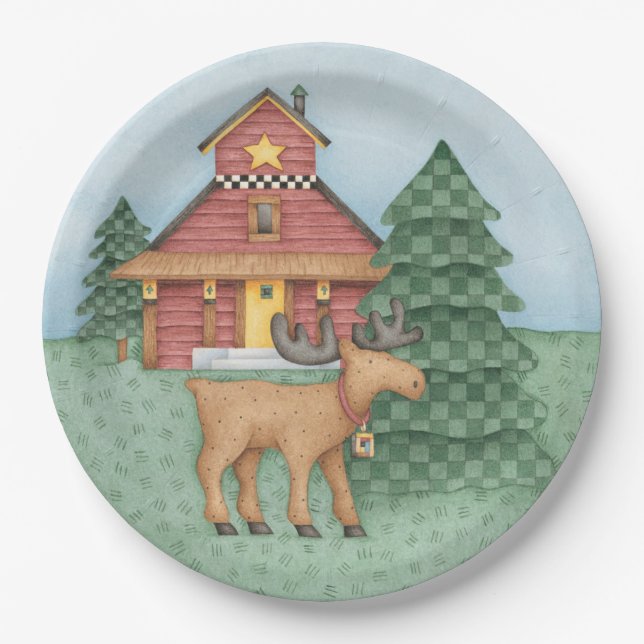 Moose at Cabin Paper Plates (Front)