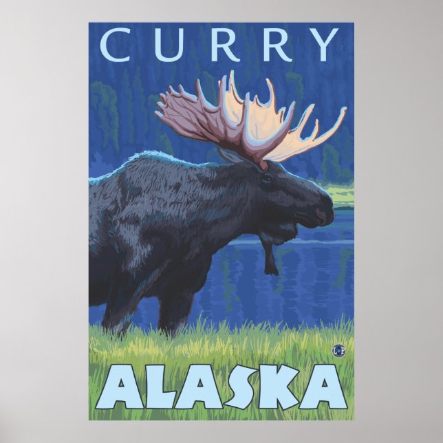 Moose at Night - Curry, Alaska Poster (Front)