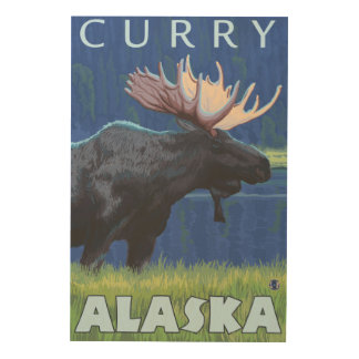 Moose at Night - Curry, Alaska Wood Wall Art