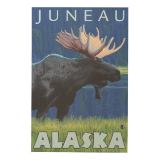 Moose at Night - Juneau, Alaska Wood Wall Art