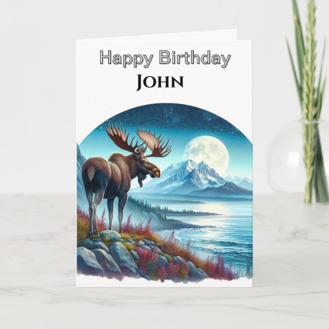 Moose at Night Personalized Nature Birthday  Card (Front)