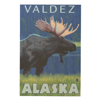 Moose at Night - Valdez, Alaska Wood Wall Art