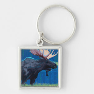 Moose at Night - West Yellowstone, Montana Keychain