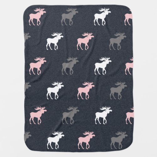 Moose Baby Blanket _ pink navy grey