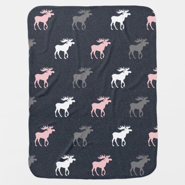 Moose Baby Blanket - pink, navy, grey (Front)