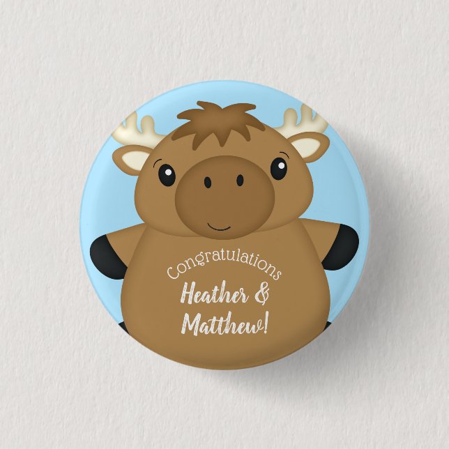 Moose Baby Shower Blue Boy Button (Front)