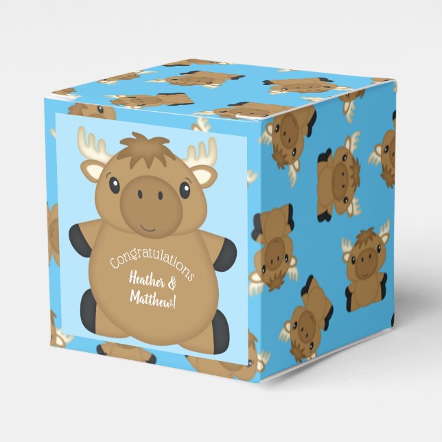 Moose Baby Shower Blue Boy Favor Boxes (Front Side)
