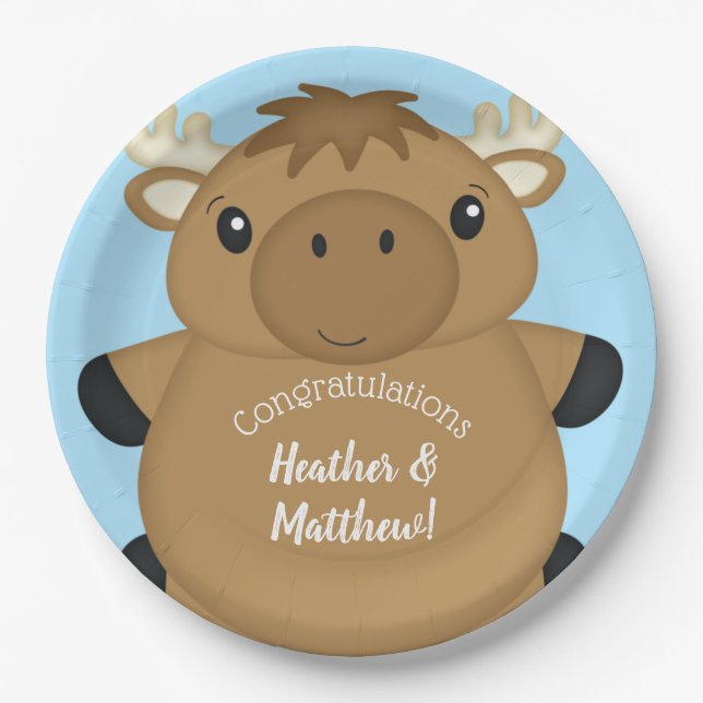 Moose Baby Shower Blue Paper Plates (Front)