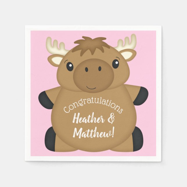 Moose Baby Shower Pink Napkins (Front)