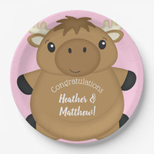 Moose Baby Shower Pink Paper Plates