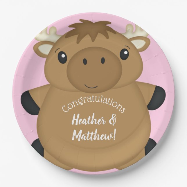 Moose Baby Shower Pink Paper Plates (Front)