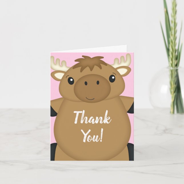 Moose Baby Shower Pink Thank You Card (Front)