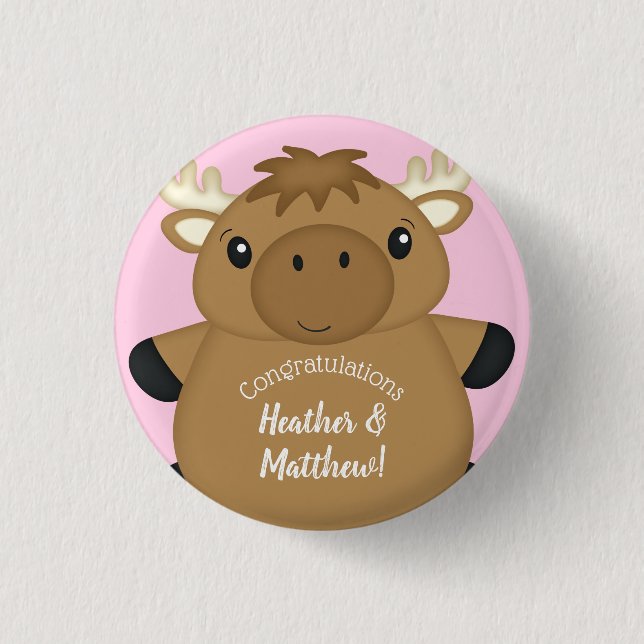 Moose Baby Shower Woodland Button (Front)