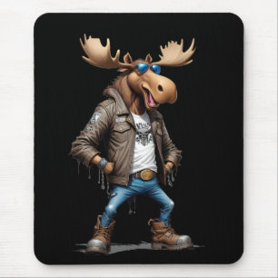 Moose Biker Rebel in Leather Jacket Cool Style Art Mouse Pad