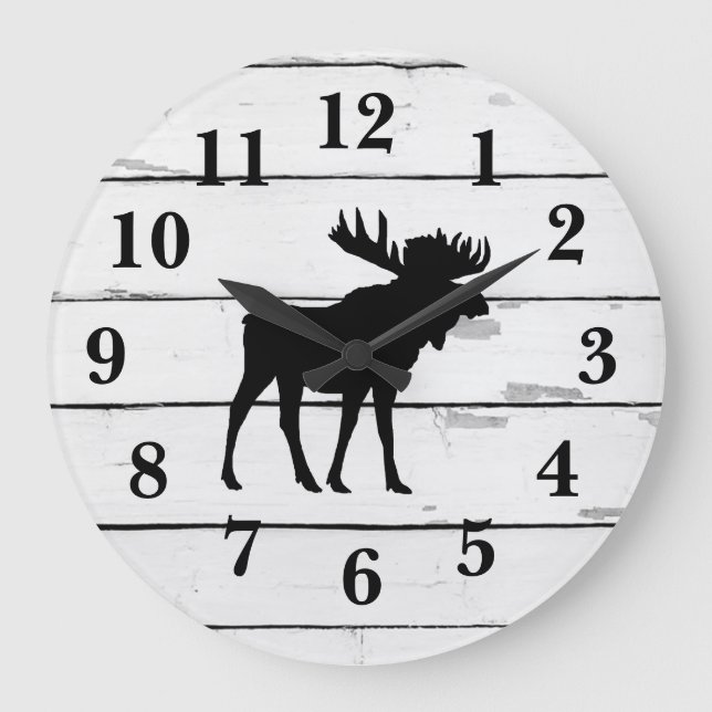 Moose Black Silhouette Shiplap Rustic Decor Large Clock (Front)