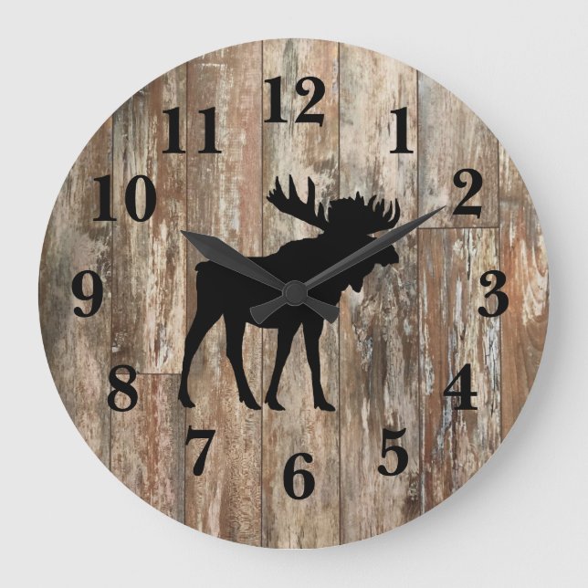 Moose Black Silhouette Shiplap Rustic Decor Large  Large Clock (Front)