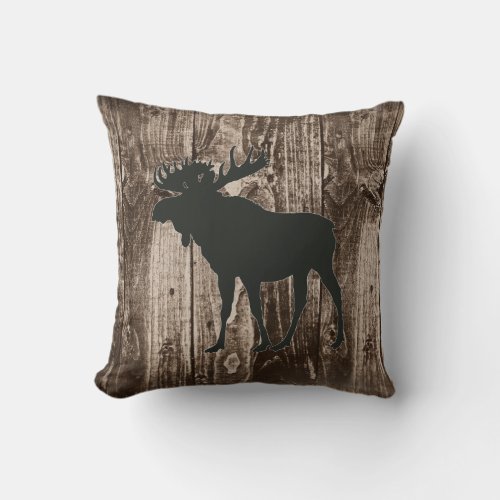 Moose Black Wildlife on Rustic Wood Cabin Throw Pillow