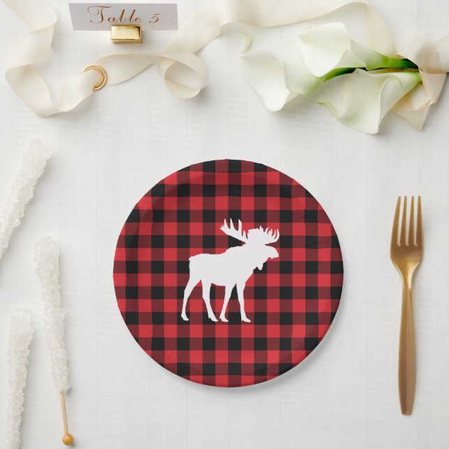 Moose Buffalo Check Wilderness Cabin Paper Plates (Wedding)