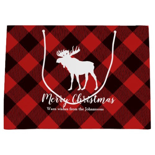 Moose  Buffalo  Red and Black Plaid  Christmas Large Gift Bag
