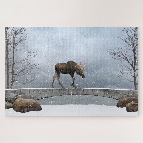 Moose bull walking in snowfall on a bridge jigsaw puzzle