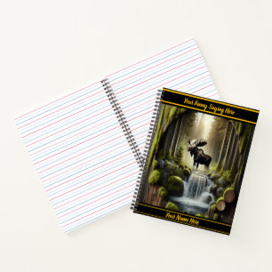 Moose by a tranquil forest waterfall notebook