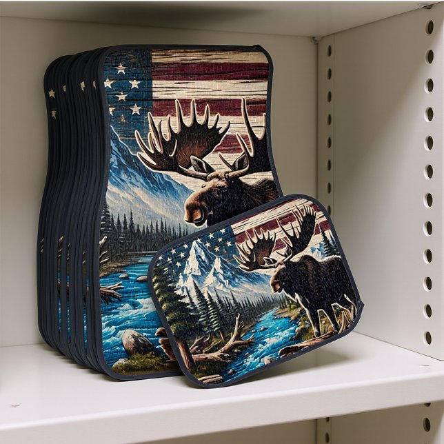 Moose by Lake With Mountain and Flag Background Car Floor Mat (Creator Uploaded)