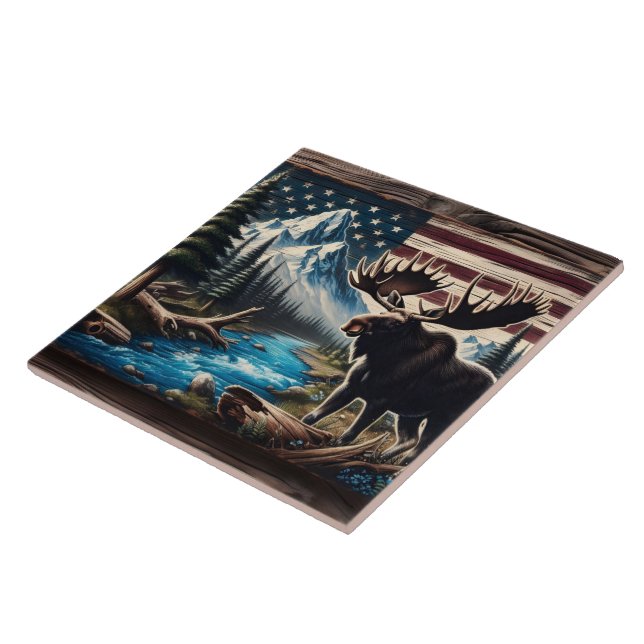 Moose by Lake With Mountain and Flag Background Ceramic Tile (Side)