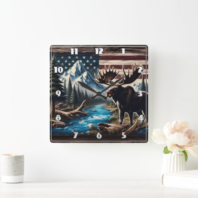 Moose by Lake With Mountain and Flag Background Square Wall Clock (Home)