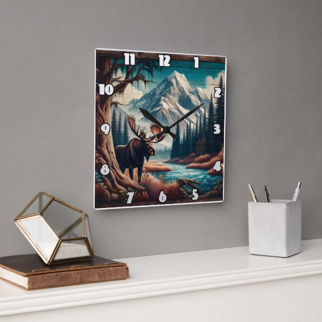 Moose by Mountain Stream in Autumn Landscape Square Wall Clock (Office)