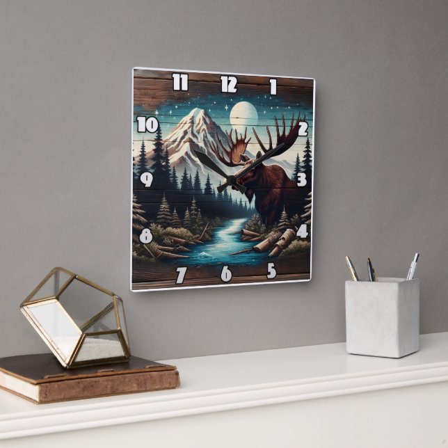 Moose by Mountain Stream Under Full Moon Square Wall Clock (Office)