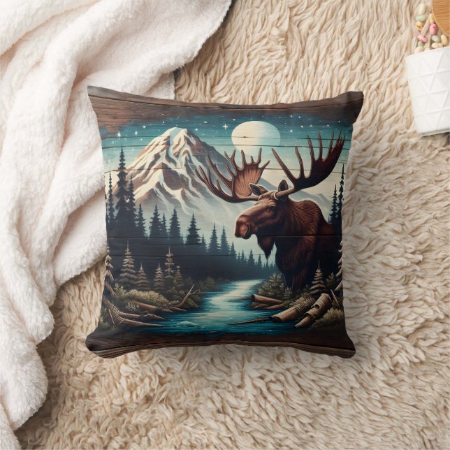 Moose by Mountain Stream Under Full Moon Throw Pillow (Blanket)