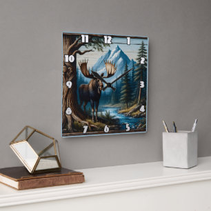 Moose by River With Mountains Behind Square Wall Clock