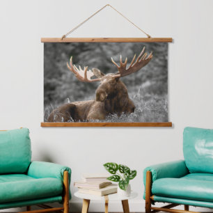 Moose Cabin art Black White Hanging Tapestry