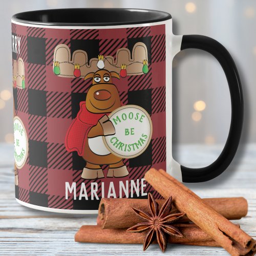 Moose Cartoon Be Merry Funny Plaid Personalized  Mug
