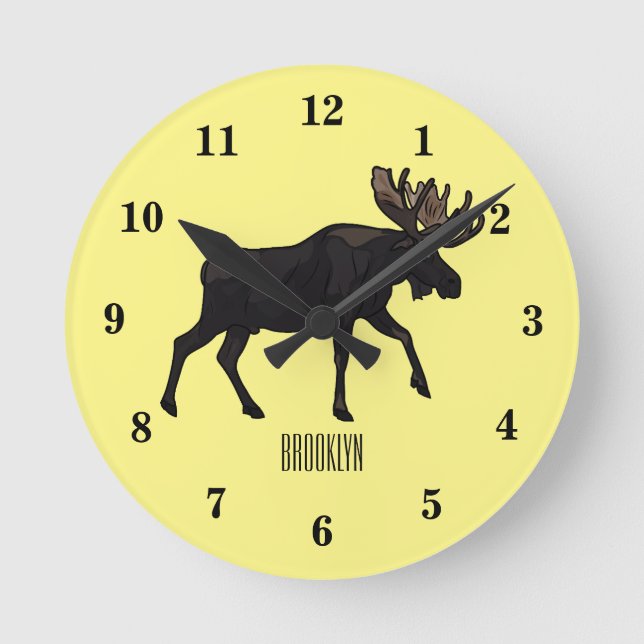 Moose cartoon illustration round clock (Front)